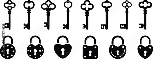 Set of detailed silhouette set of antique keys, padlocks, skeleton keys, and ornate key shapes, old Keyhole Silhouette against a white background.