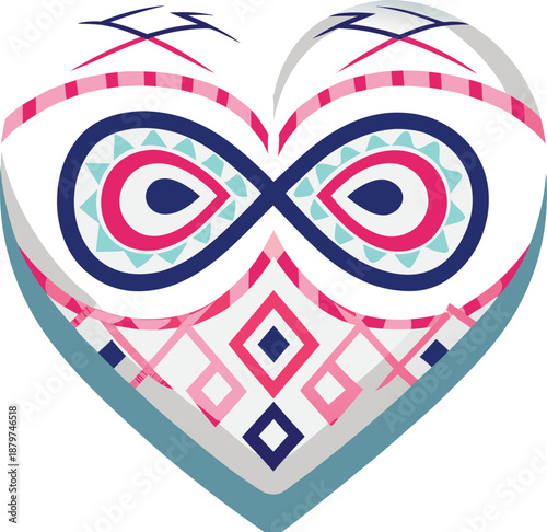 Stylized heart shape with intricate folk inspired patterns, symmetrical decorative in pink and navy blue, abstract love symbol, modern creative, colorful
