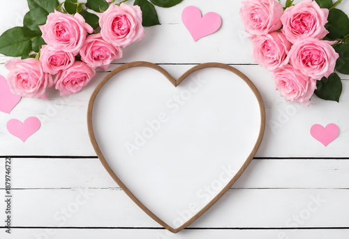 Pink rose flowers and heart with space for text