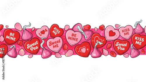 A vibrant collection of cartoon conversation heart candies and scattered hearts creates a playful valentine s day border design