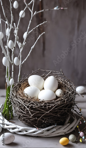 Happy easter. White eggs in nest and willow branch