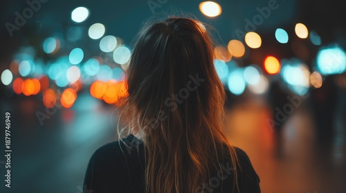 Woman Standing Alone on Night City Street with Colorful Bokeh Lights and Urban Atmosphere