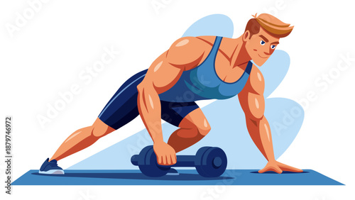 "Create a highly detailed, medically accurate 3D rendering of a fit male athlete performing a bent-over dumbbell row exercise on an exercise mat. The illustration should use an anatomical overlay to h