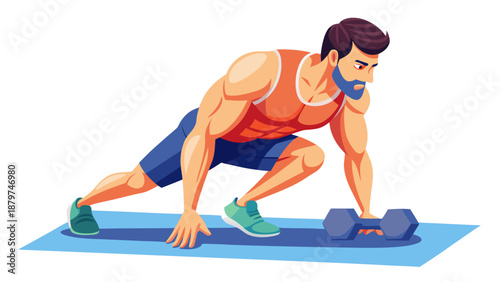"Create a highly detailed, medically accurate 3D rendering of a fit male athlete performing a bent-over dumbbell row exercise on an exercise mat. The illustration should use an anatomical overlay to h