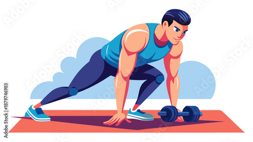 "Create a highly detailed, medically accurate 3D rendering of a fit male athlete performing a bent-over dumbbell row exercise on an exercise mat. The illustration should use an anatomical overlay to h