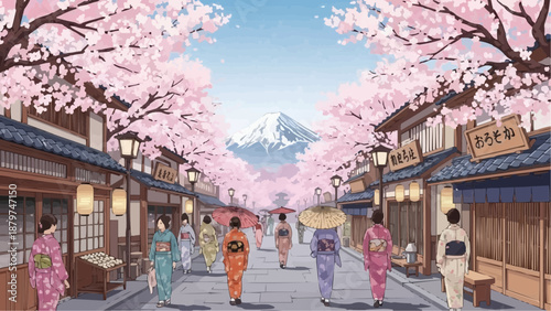 A peaceful street in traditional japan showing cherry blossoms mount fuji and people strolling along high quality