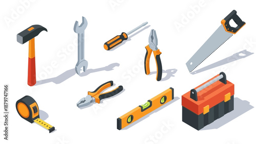 Isometric Set of Hand Tools for Construction and Repair.