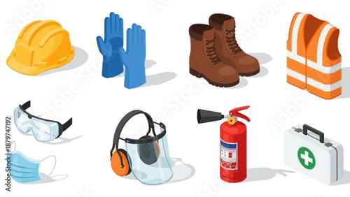 Safety Equipment Collection - Hard Hat, Gloves, Boots, Vest, Goggles, Mask, Earmuffs, Fire Extinguisher, First Aid Kit.