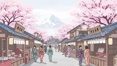 A serene japanese street scene with blooming cherry blossoms and distant mount fuji creates a picturesque landscape
