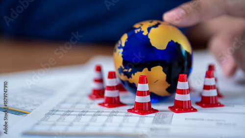 Global risk management and crisis warning for the world economy. This safety concept uses a globe surrounded by traffic cones on financial documents to geopolitical boundaries and trade barriers.