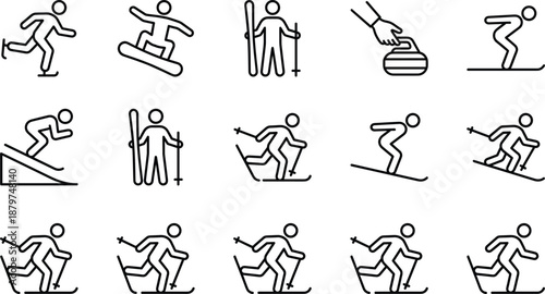 Black And White Vector Icon Set Of Winter Sports Activities Featuring Ice Skating Snowboarding Skiing Curling And Sledding Stick Figures For Seasonal Design Projects