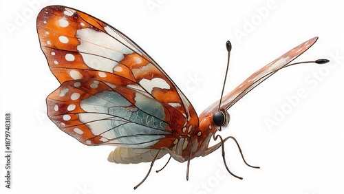 A beautiful colorful swallowtail butterfly with orange and black wings is isolated on a white background, capturing the macro beauty of this tropical garden insect in summer nature