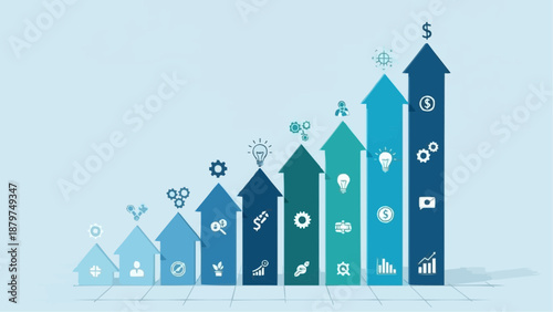Visualizing progressive growth with ascending arrows icons and a map background representing global economic development high quality