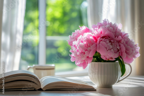 Wallpaper Mural pink peonies in a white ceramic cup on a table, Torontodigital.ca