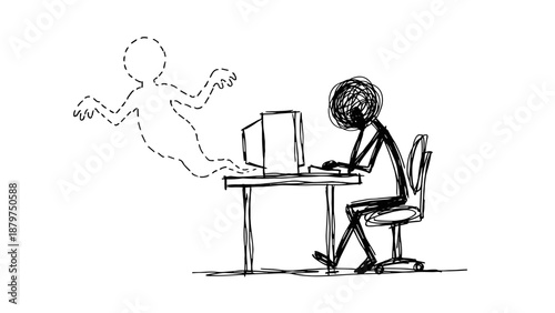 Ghost leaving body at work while person types at computer  