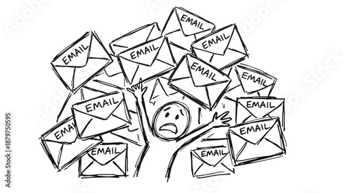 Stressed person overwhelmed by numerous emails and paper messages  