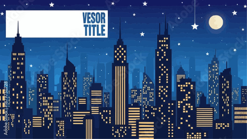 A pixelated city skyline at night with illuminated skyscrapers a full moon and scattered twinkling stars above