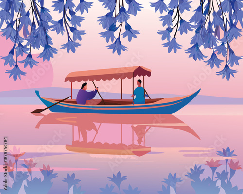 A serene gondola ride at sunset with wisteria blooming overhead