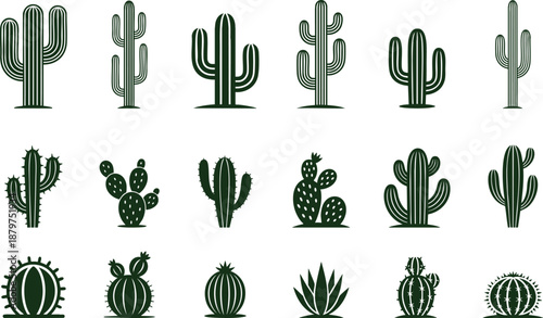 Set of detailed uncommon cactus clipart, Each cactus boasts a unique design, Solid Black Vector art against a white background.