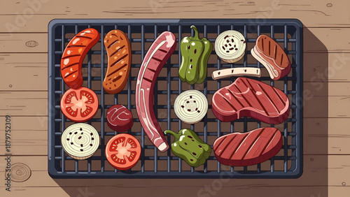 A vibrant overhead view depicts a variety of grilled meats and vegetables arranged neatly on a dark metal grate showcasing a summer barbecue scene