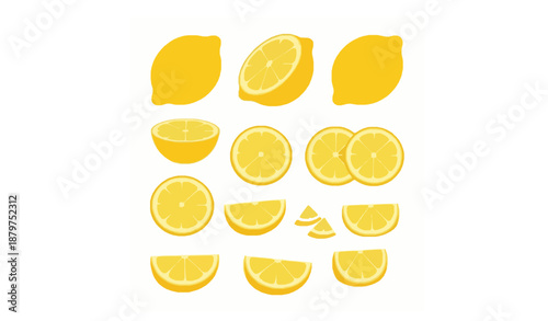 Lemon slices cartoon vector icon set of fresh citrus fruit isolated on white background