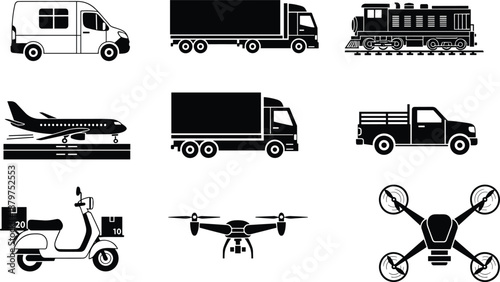 Black and white transport vehicle icon set, delivery truck, airplane, train, drone, logistics transportation silhouette collection, isolated vector illustration design
