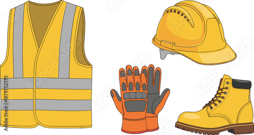 Construction, safety, equipment, set, helmet, vest, gloves, boots, personal, protective, gear, industrial, workwear, illustration, isolated, vector, engineering, worker, uniform, collection