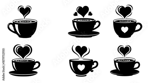 Hot coffee or tea cups silhouette collection with heart shape steam rising above beverage romantic drink icons for cafe design or valentines day celebration