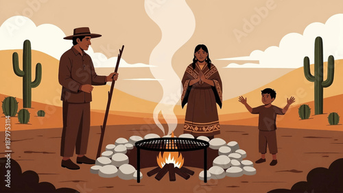 A serene illustration depicts a native american family gathered around a campfire in a desert landscape showcasing cultural heritage and togetherness high-quality professional