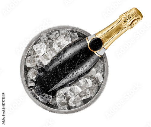 Bottle rests on top of champagne buckets with ice isolated on white. Top view