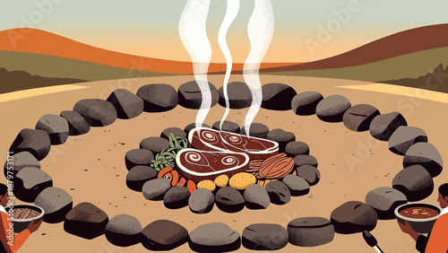 An illustration depicts a primitive cooking scene with meat and vegetables roasting over a stone fire with people nearby enjoying the meal high-quality