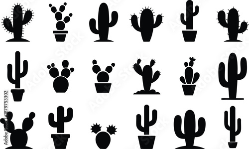 Set of detailed uncommon cactus silhouette,  solid black vector art against a white background.