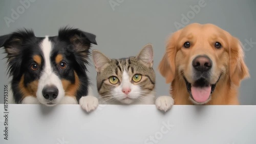 Curious cat and dog peeking over white board in studio