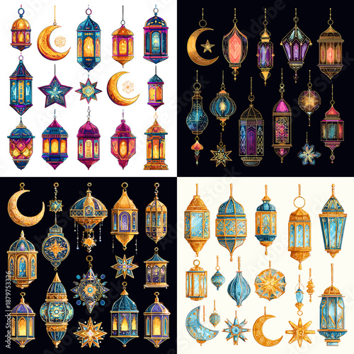 Colorful Ramadan lanterns with crescent moon and star ornaments in festive oriental style. Decorative Islamic elements ideal for Eid celebrations holiday designs and cultural backgrounds.