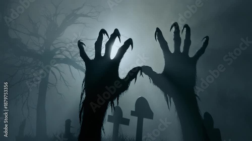 Spooky zombie hands rising from haunted graveyard at night