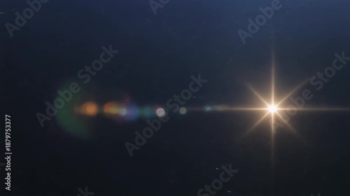 Bright lens flare effect shines intensely against a dark background creating abstract celestial light streaks and captivating circular bokeh orbs for cinematic visual overlays and background design el