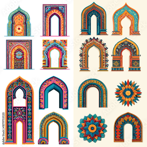 Decorative oriental arches and door frames with colorful geometric ornamentation inspired by traditional architecture. Cultural design elements perfect for travel heritage and pattern projects.