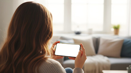Fotobehang Cappuccinokleur Hand holding mobile phone horizontally with blank white mockup screen by woman in cozy minimalist living room interior, digital device for landscape app display and video showcase.   © MD Rashedul Islam
