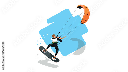 Dynamic kiteboarding adventure in minimalist style with vibrant colors