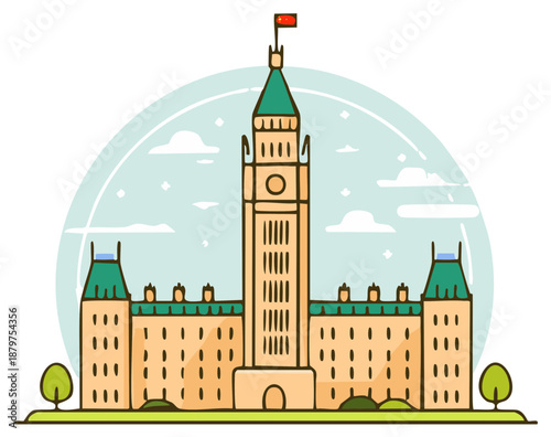 Illustrative depiction of a famous governmental building with a clock tower and flag