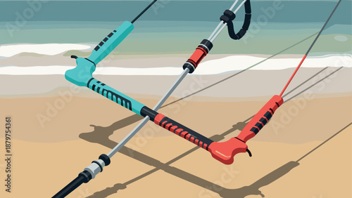 Colorful kiteboarding handles on sandy beach with ocean waves background