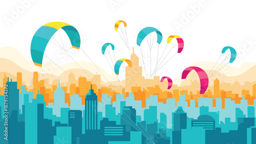 Colorful city skyline with paragliders in modern flat design aesthetic