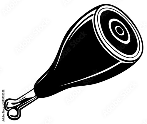 Monochrome illustration of a traditional cured ham leg for food and culinary design