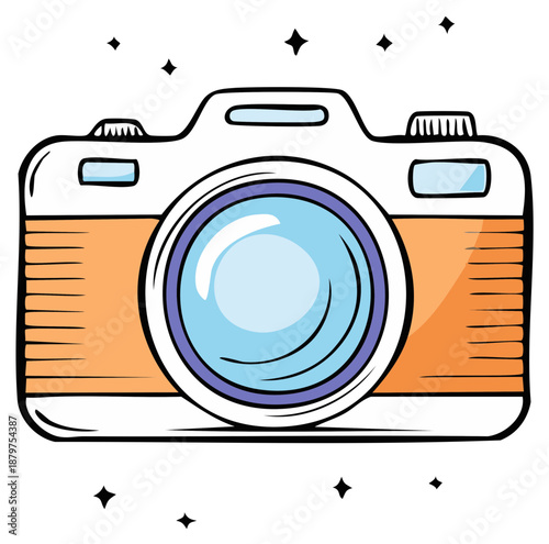 Cartoon camera illustration with orange, white and blue details and sparkles
