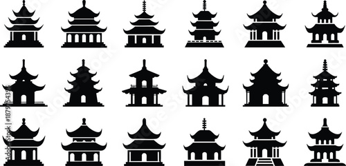 Set of detailed traditional Asian pagodas in silhouette, Chinese Pagoda Silhouettes, Asian Temple Silhouettes against a white background.