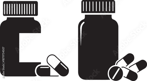 Minimalist Black Silhouette of a Pharmaceutical Medicine Bottle with Capsules and Pills, Healthcare Icon