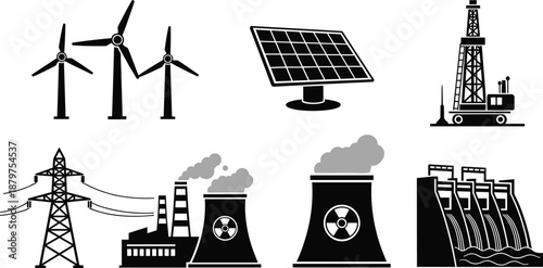 Energy, production, icons, set, renewable, fossil, power, sources, wind, solar, nuclear, hydro, industrial, electricity, generation, isolated, black, vector, illustration, collection