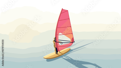 Flat style windsurfing adventure at sea with red sail and sporty athlete