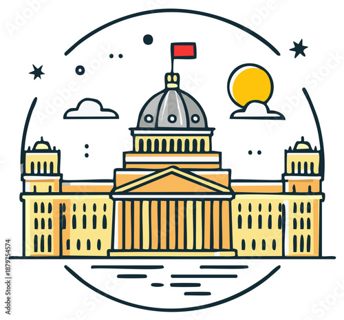 State Capitol Building Linear Design With Dome and Flag Amidst Clouds and Stars in a Stylized Emblem