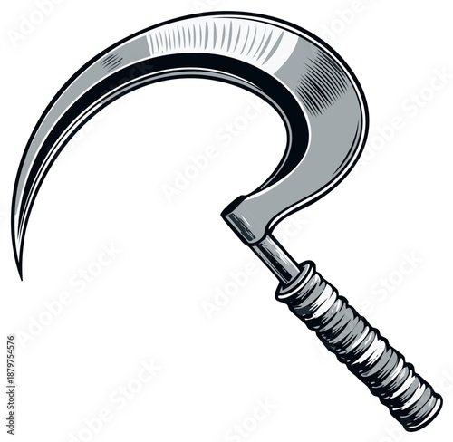 Stylized illustration of a metal sickle with a textured handle, a sharp curved blade for agriculture